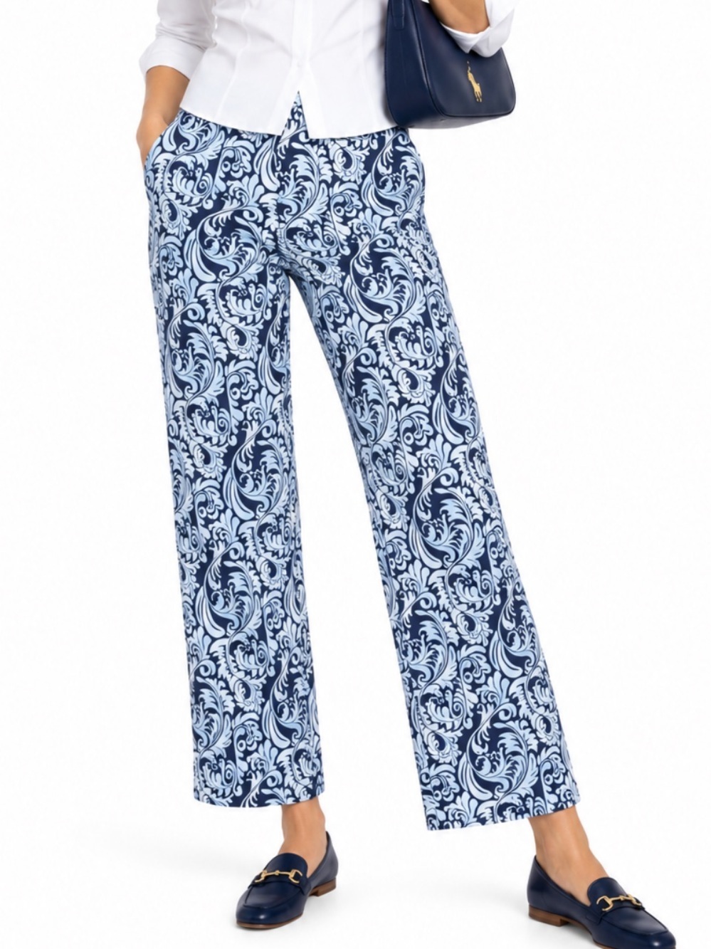 Susan Graver Light Blue & Navy Scroll-Print Wide-Leg Pull-On Pants SZ MED EUC